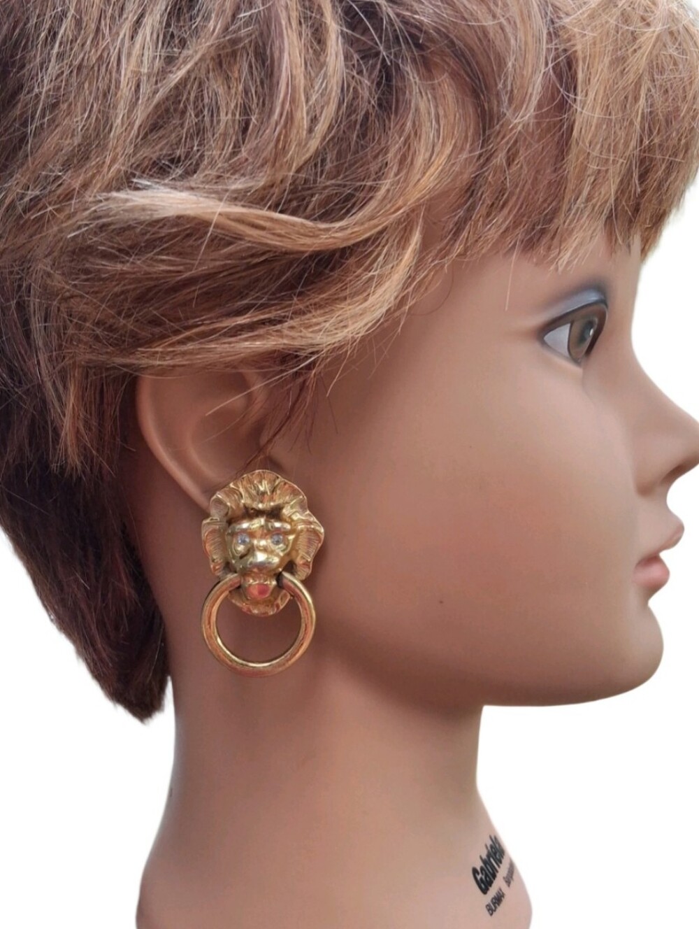 VTG Kenneth Jay Lane KJL for Avon Gold Tone Lion Door Knocker Earrings